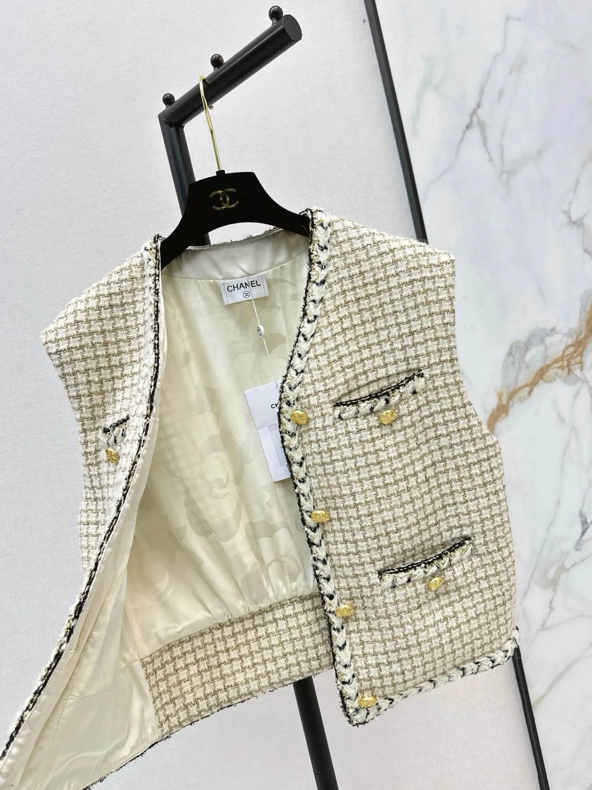 Check Tweed Cropped Vest V-Neck