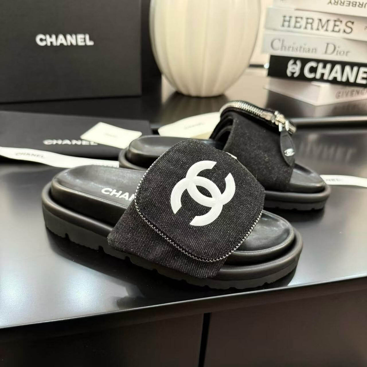Zippered Pocket Black Denim Fabric Sandals