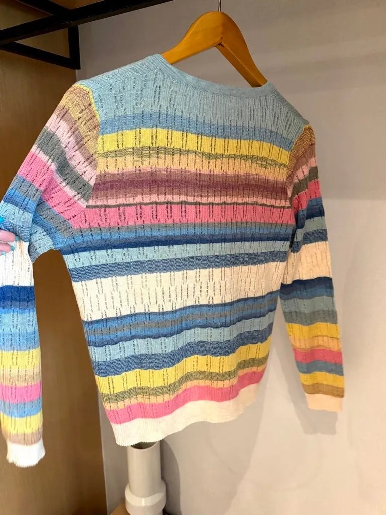 Color Stripe Knit Henley Sweater