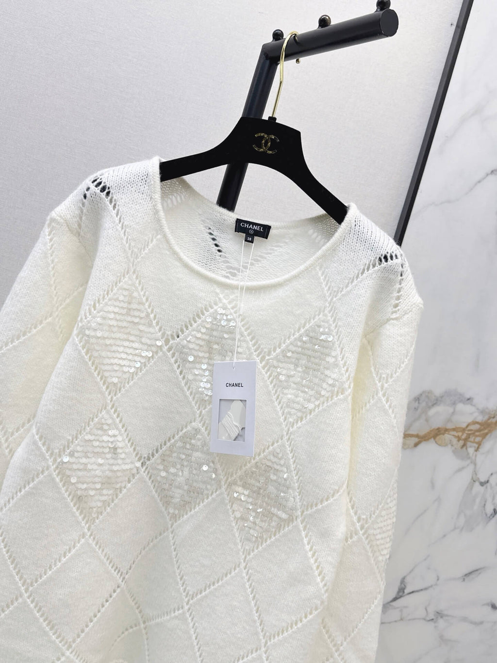 Openwork Diamond Sequin Knit Top