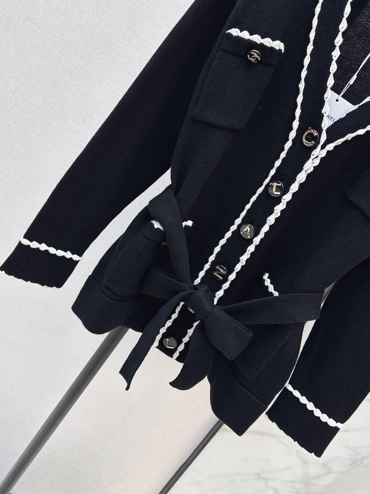 Black White Trim Belted Knit Cardigan