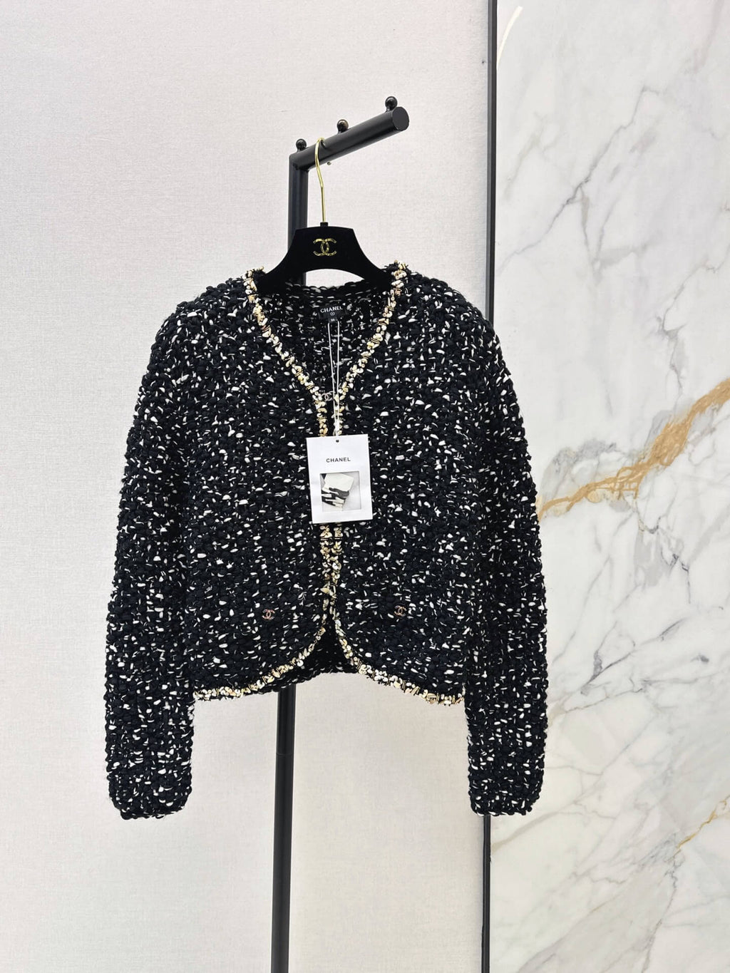 Black Tweed Gold Trim V-Neck Jacket