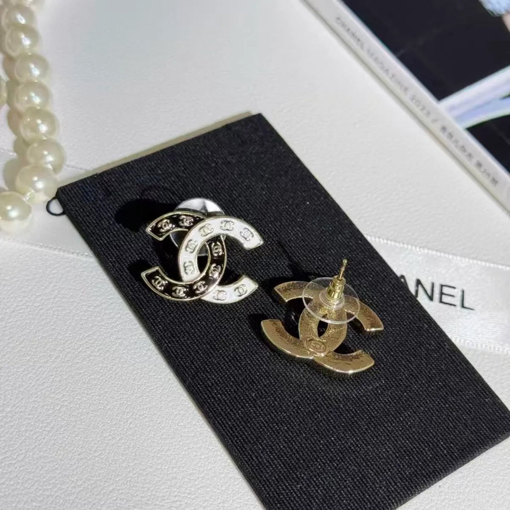 Black and White Enamel CC Earrings