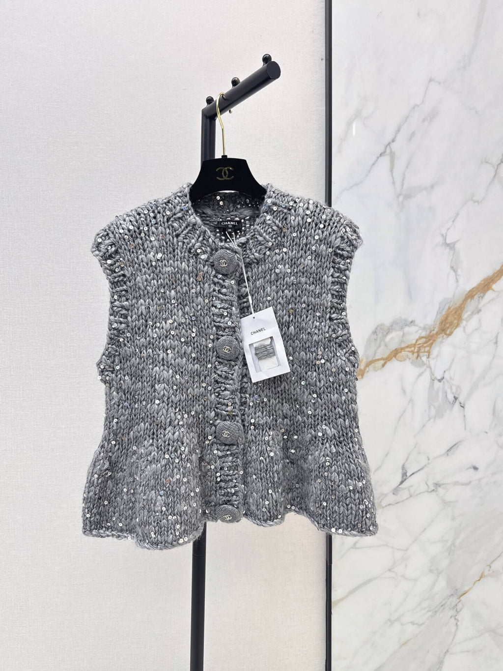 Sequin Chunky Knit Ruffle Vest