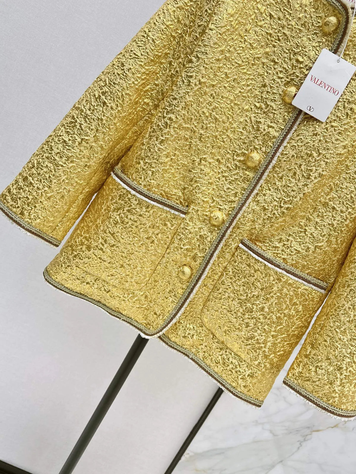 Yellow Textured Round Neck Jacket