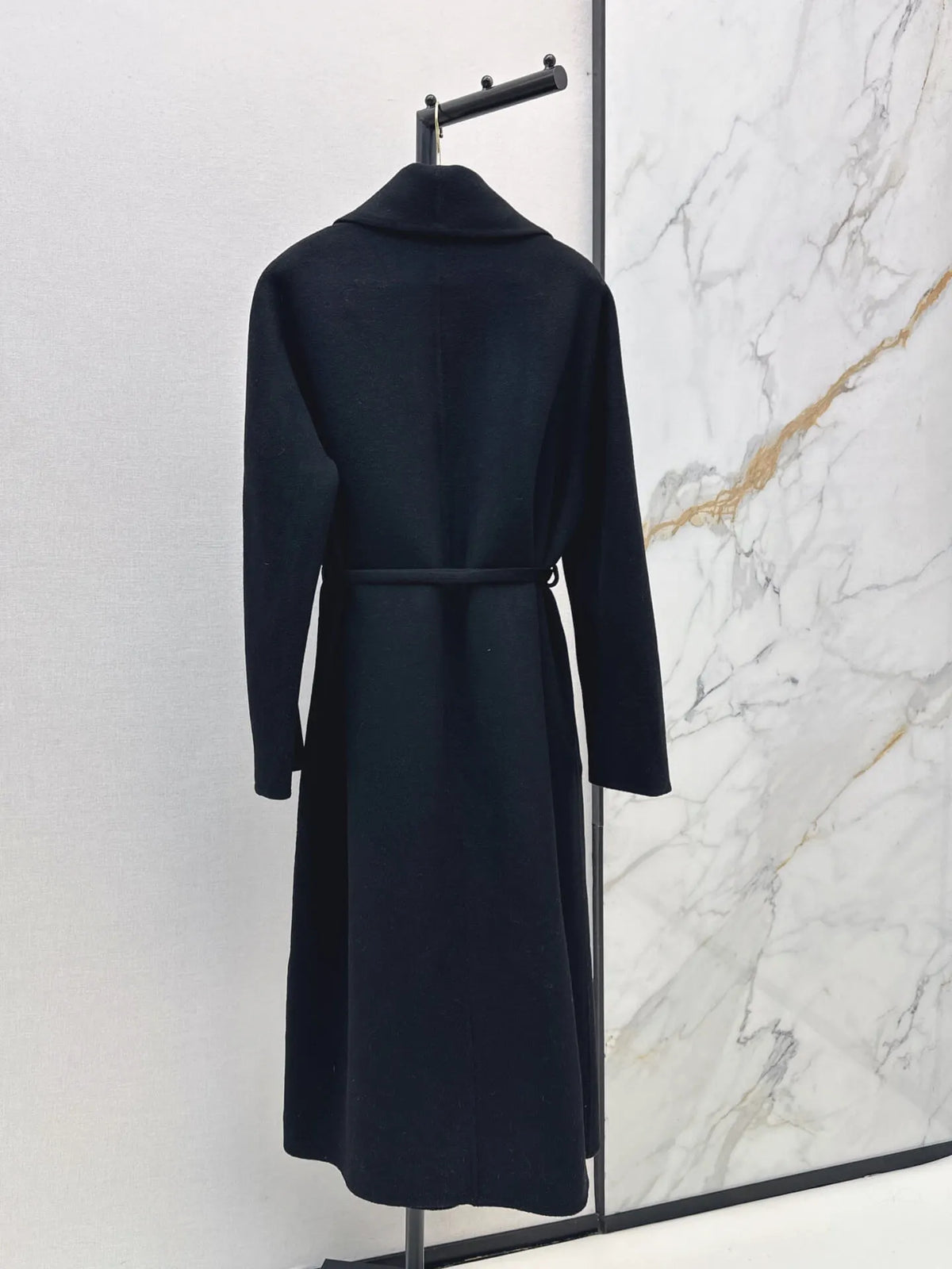 V Detail Belted Wool Long Coat