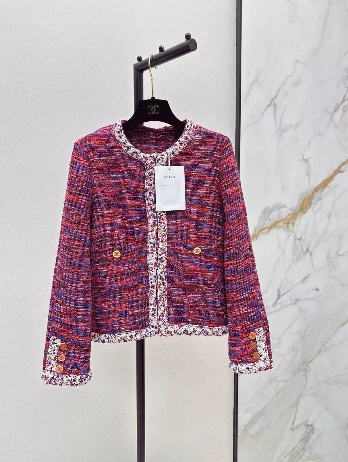 Red-Blue Mixed Tweed Jacket and Skirt Set