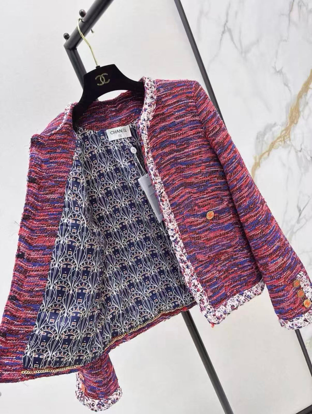 Red-Blue Mixed Tweed Jacket and Skirt Set