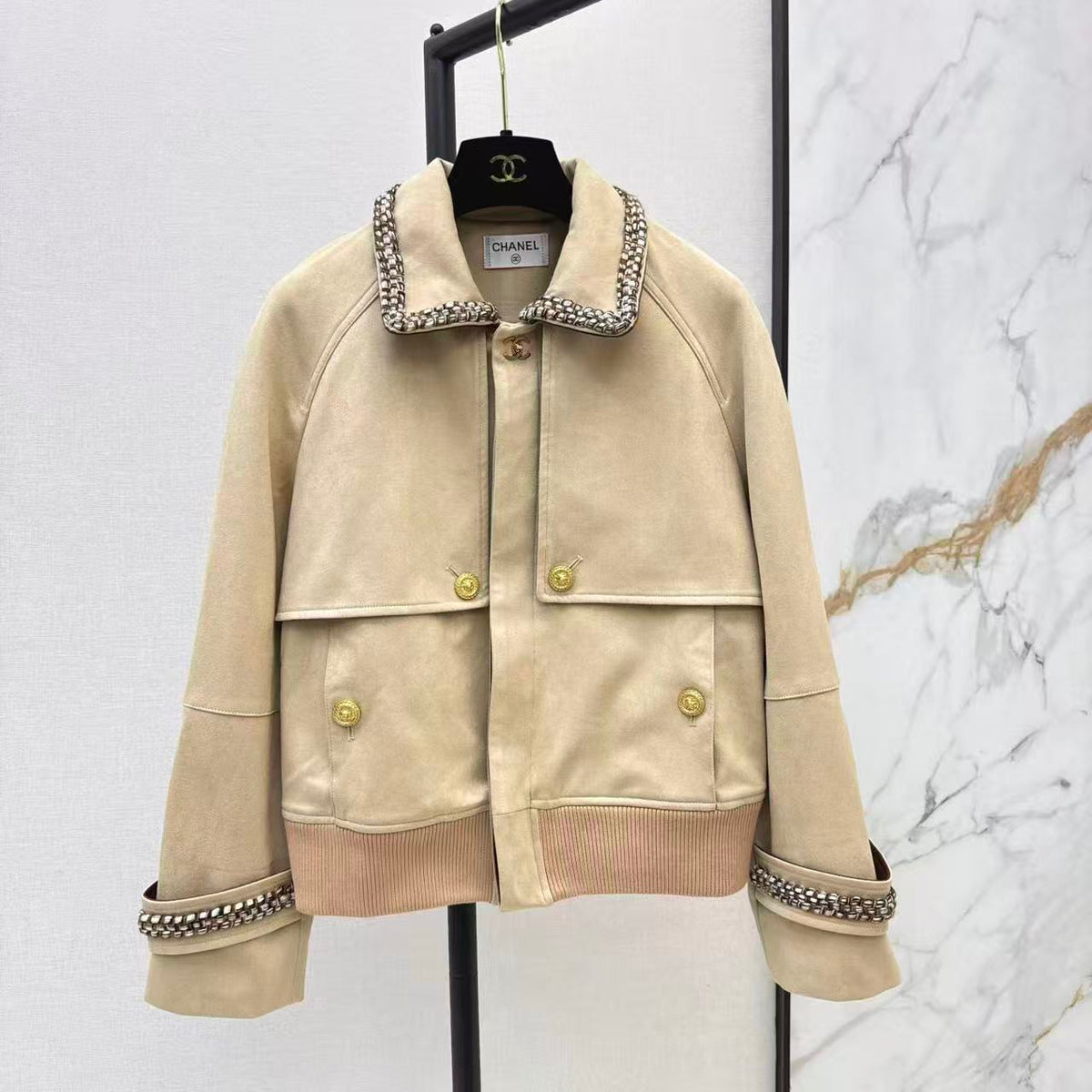 Woven Panel Collar Suede Jacket