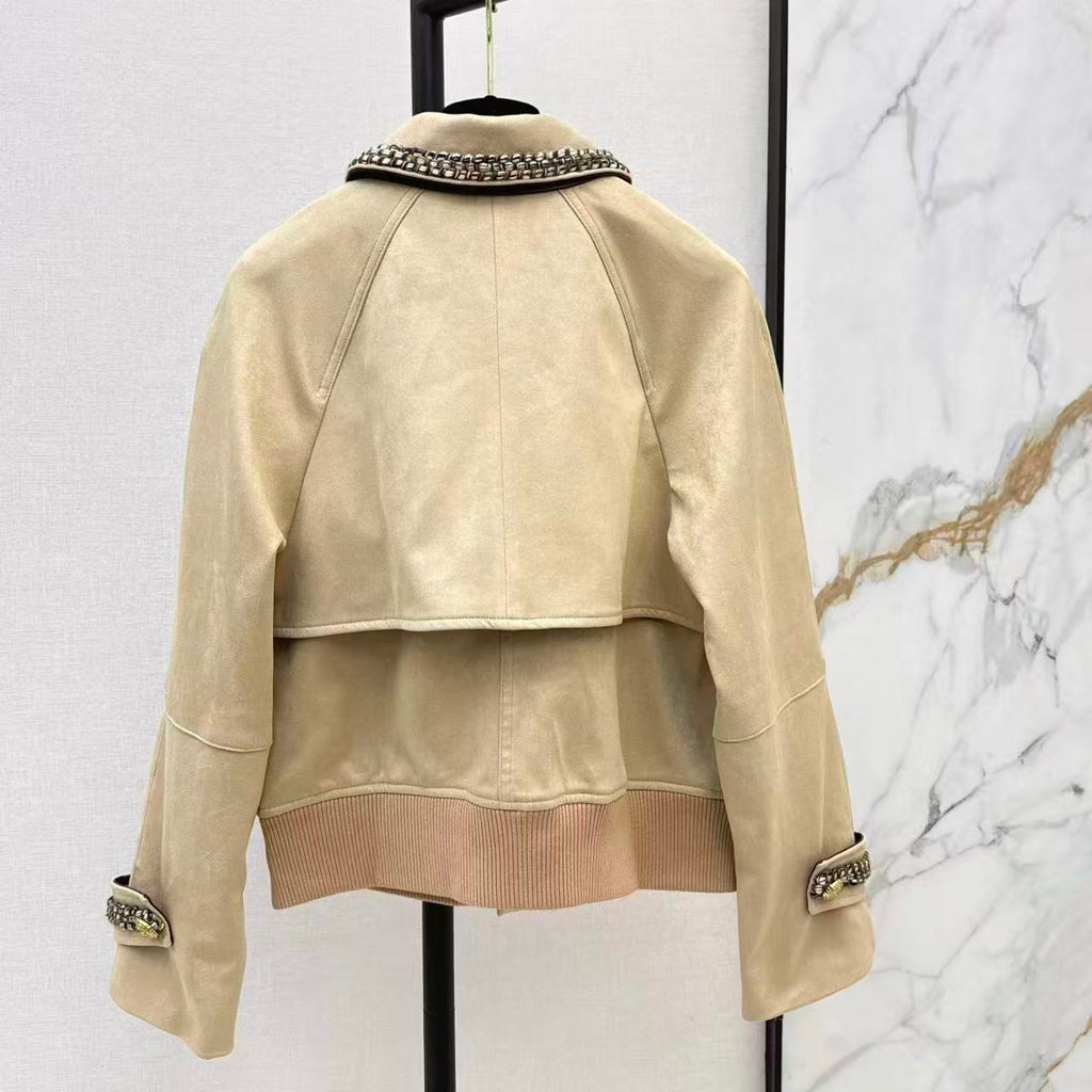 Woven Panel Collar Suede Jacket