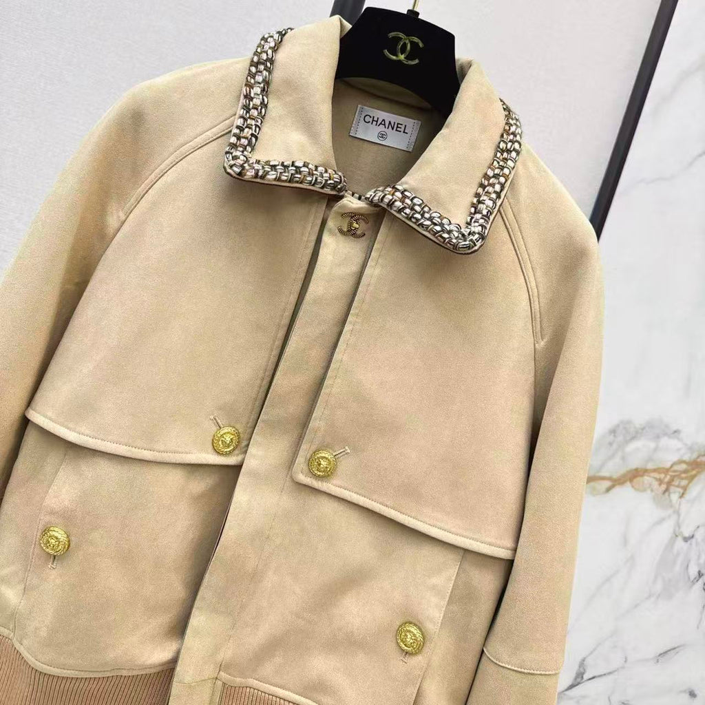 Woven Panel Collar Suede Jacket