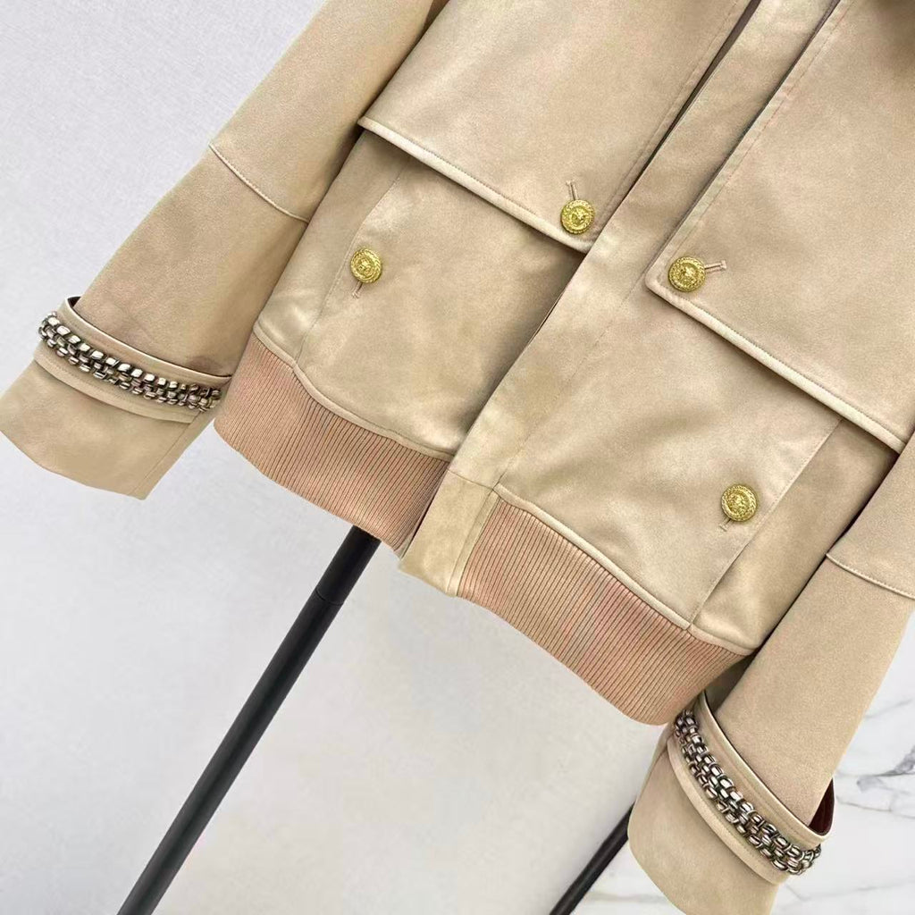 Woven Panel Collar Suede Jacket