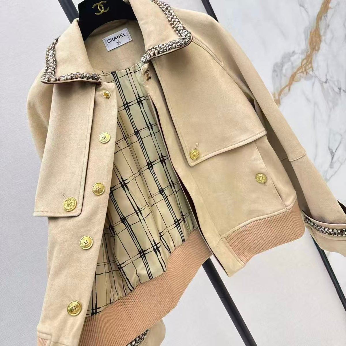 Woven Panel Collar Suede Jacket