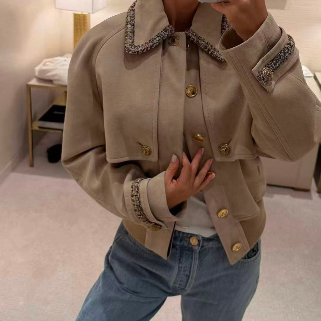 Woven Panel Collar Suede Jacket