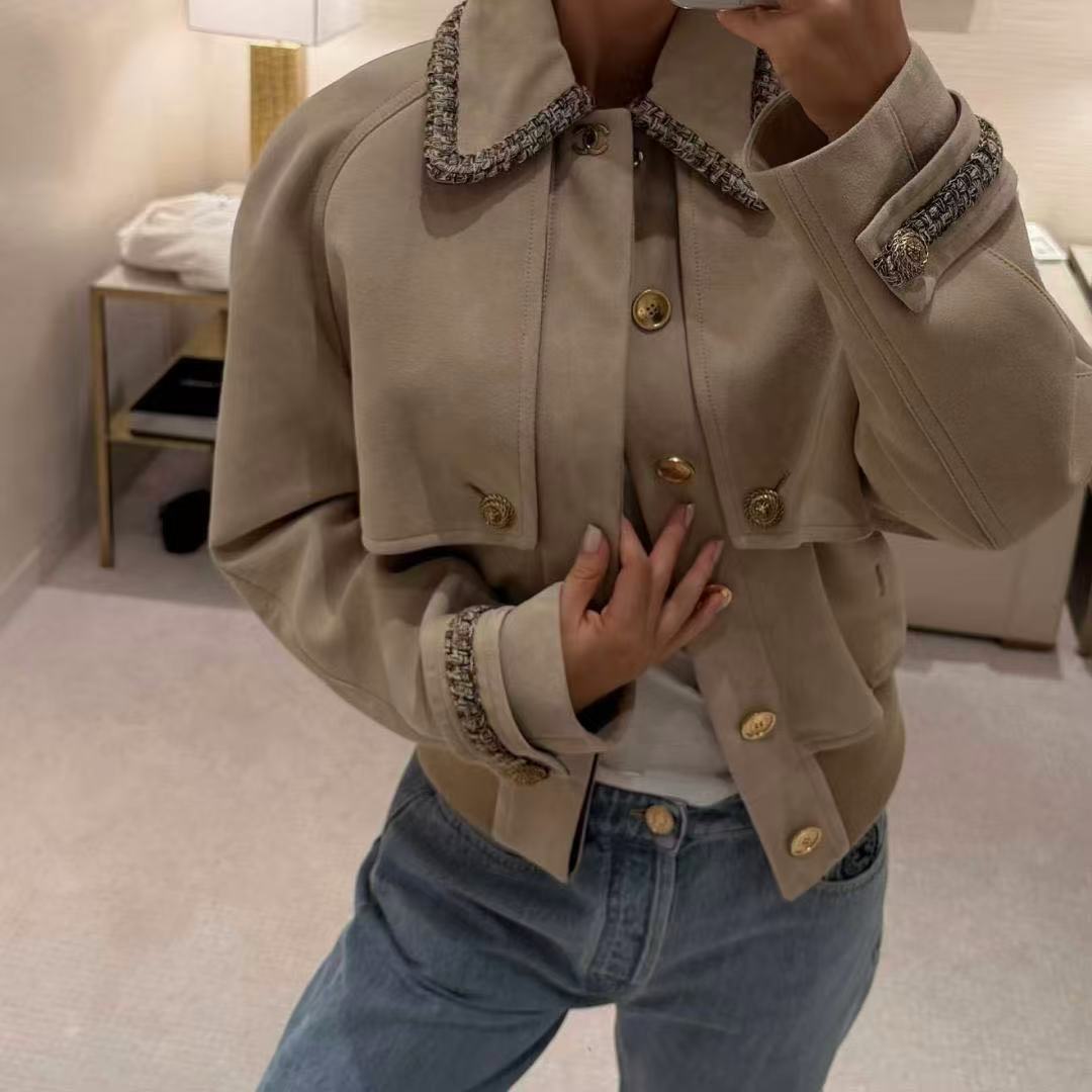 Woven Panel Collar Suede Jacket