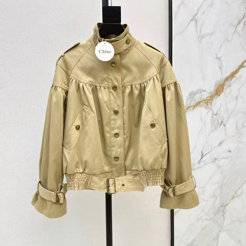 Stand-Collar Casual Cropped Trench Coat