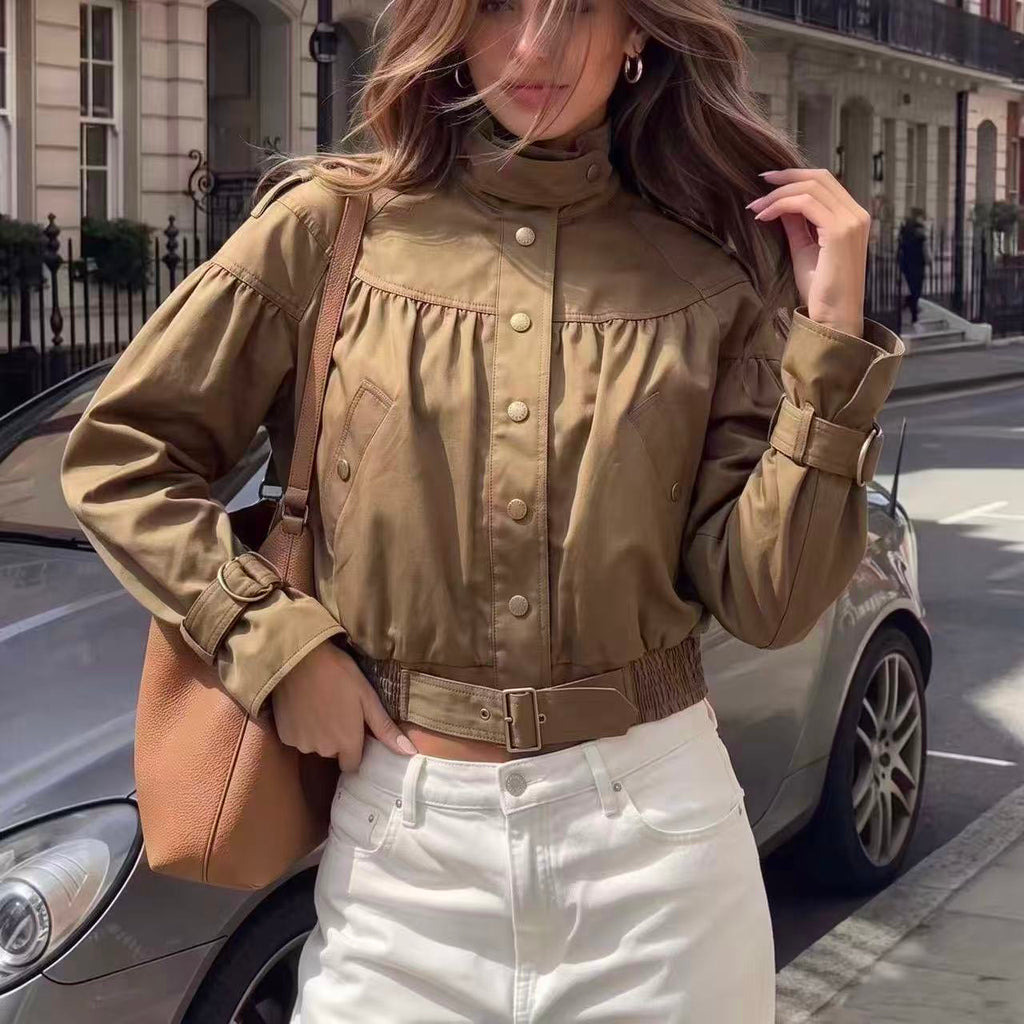 Stand-Collar Casual Cropped Trench Coat
