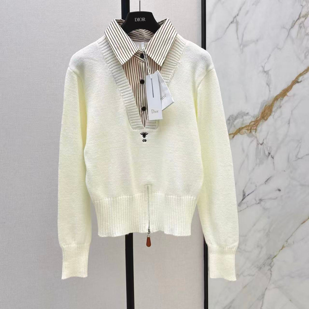 Collared Patchwork Hem Zip-Design Sweater