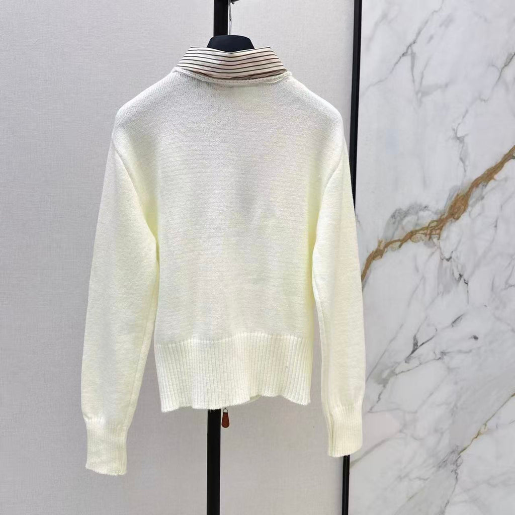 Collared Patchwork Hem Zip-Design Sweater