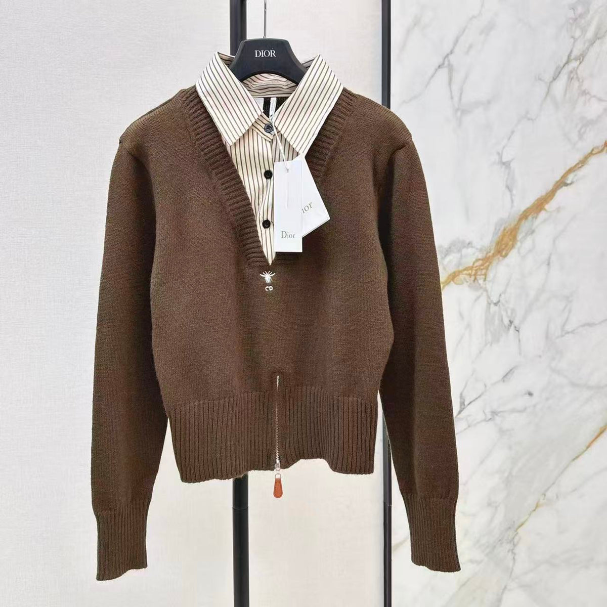 Collared Patchwork Hem Zip-Design Sweater