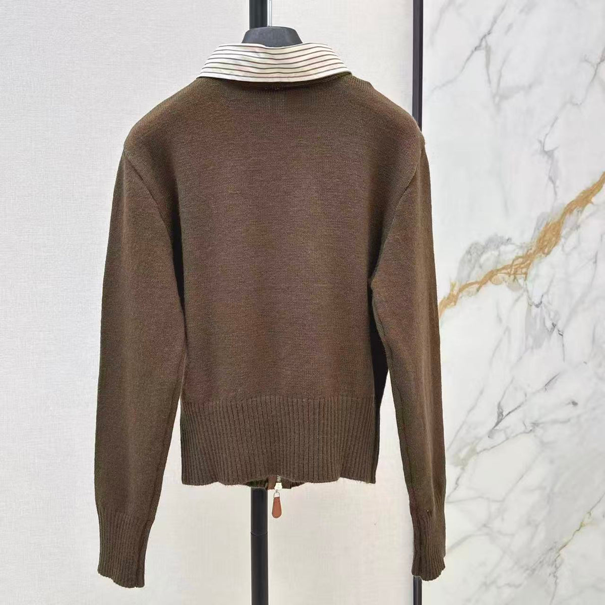 Collared Patchwork Hem Zip-Design Sweater
