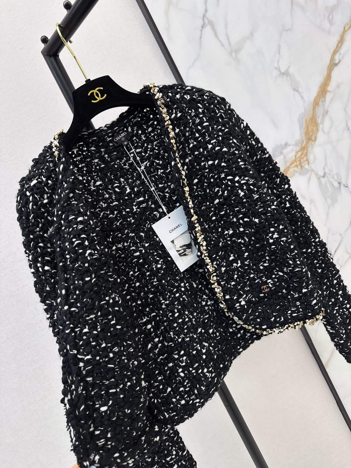 Black Tweed Gold Trim V-Neck Jacket