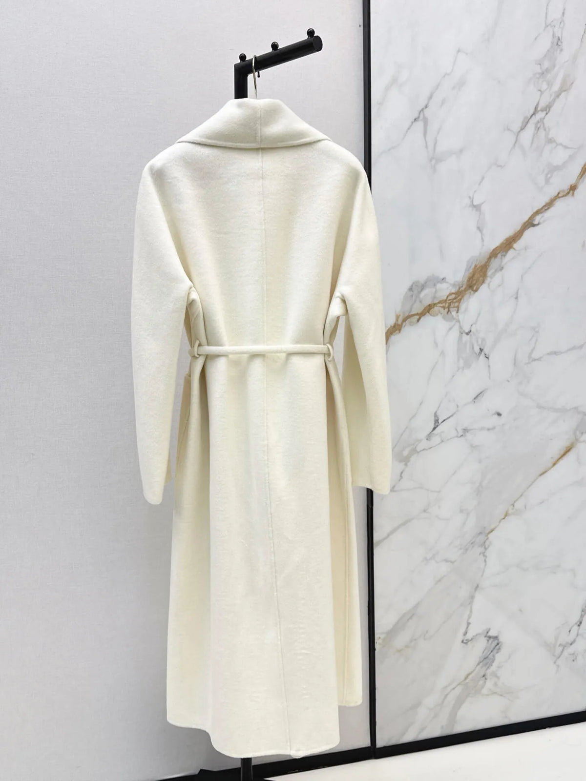 V Detail Belted Wool Long Coat