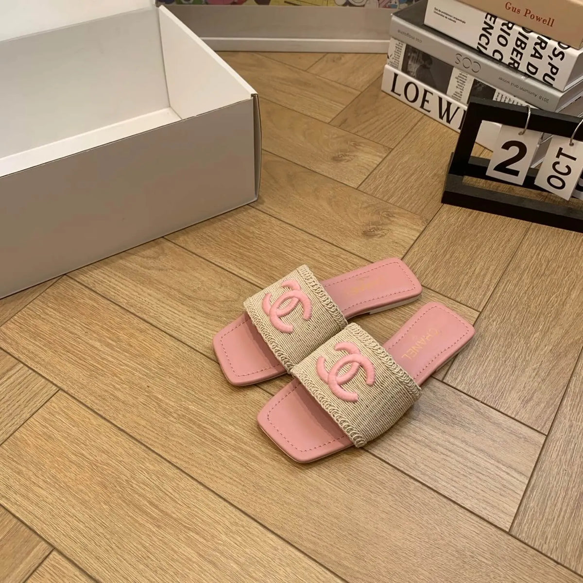 Vacation Style Square-Toe Woven Pink Sandals