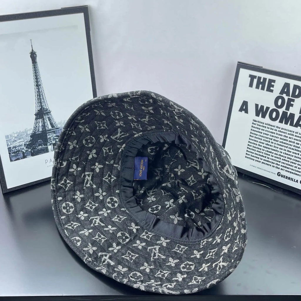 Black-Grey Jacquard Wide-Brim Bucket Hat