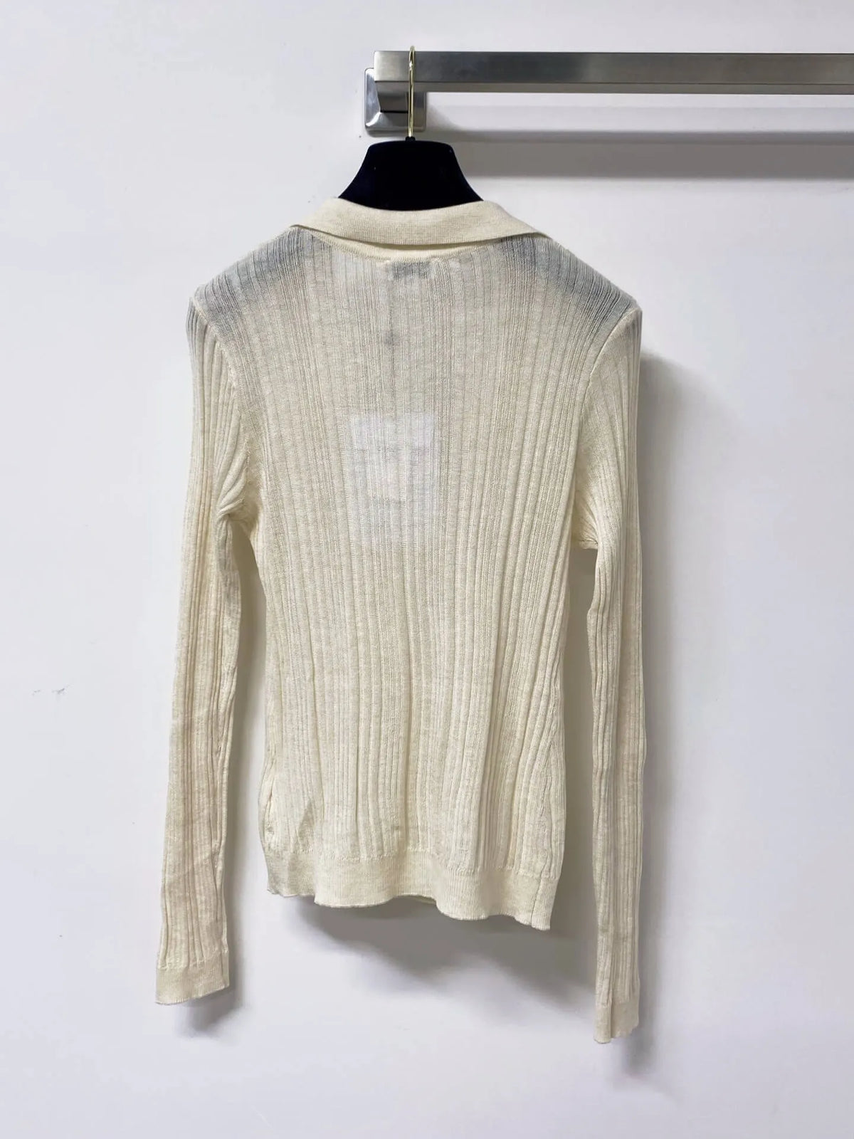 Polo V-Neck Rib Knit Long Sleeve Top