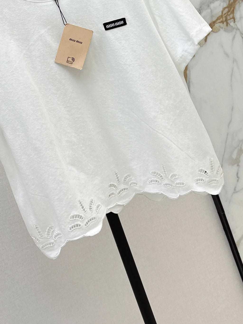 Eyelet Scalloped Hem Logo Patch Tee