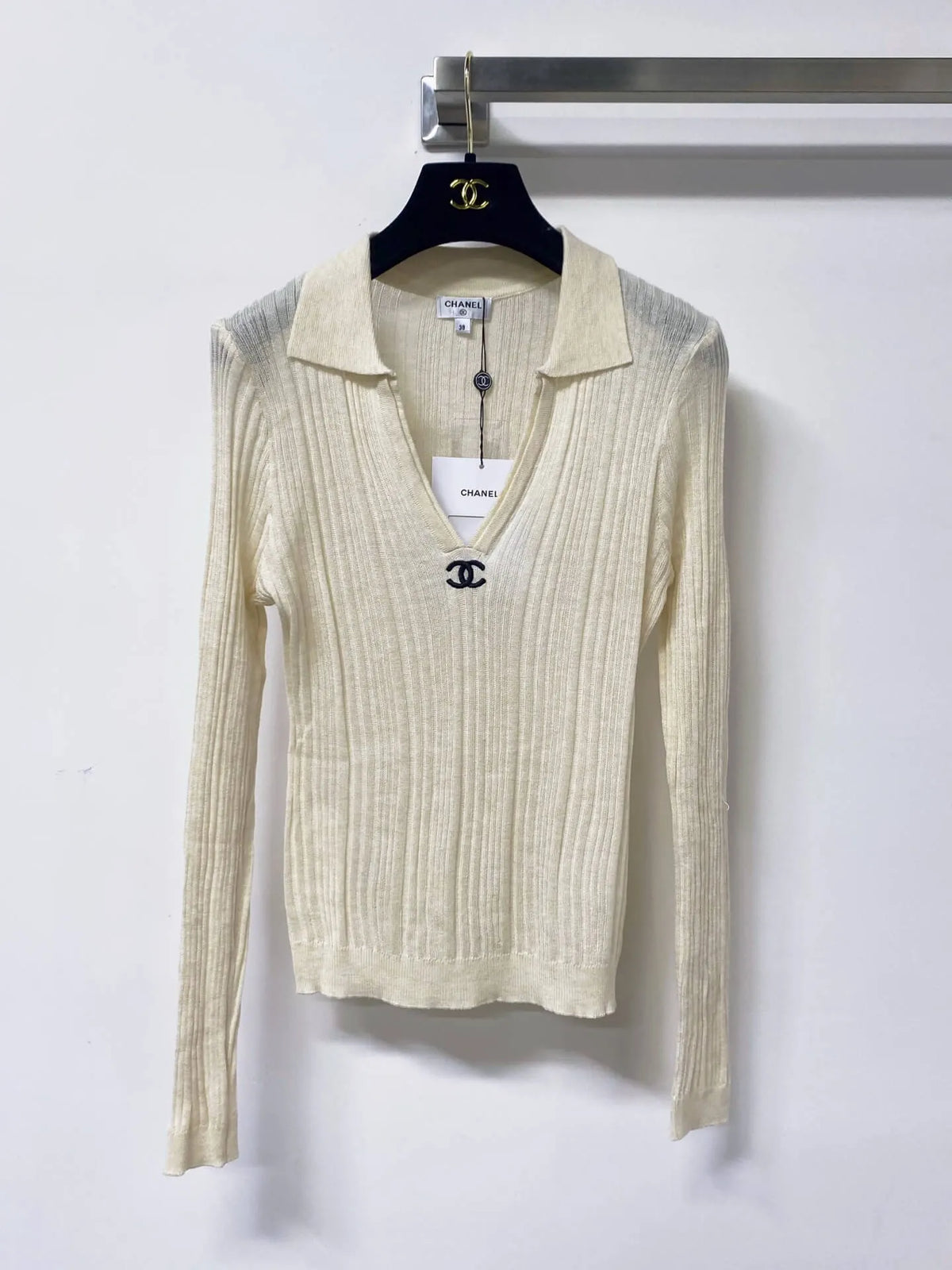 Polo V-Neck Rib Knit Long Sleeve Top