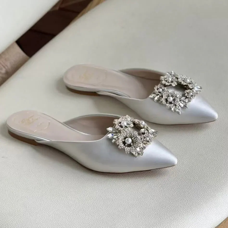 Pearl Snowflake Buckle Diamond Satin Sandals