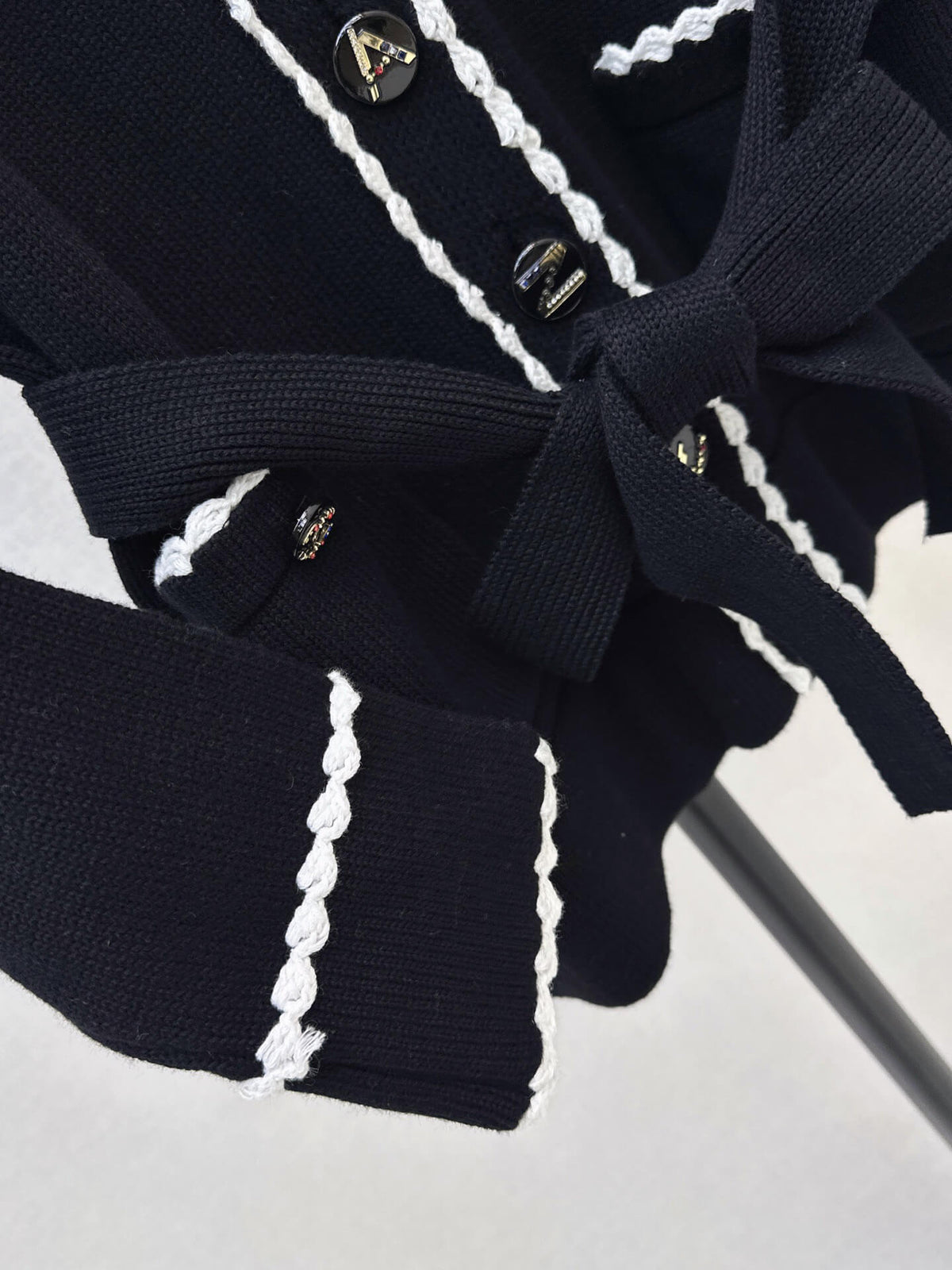 Black White Trim Belted Knit Cardigan