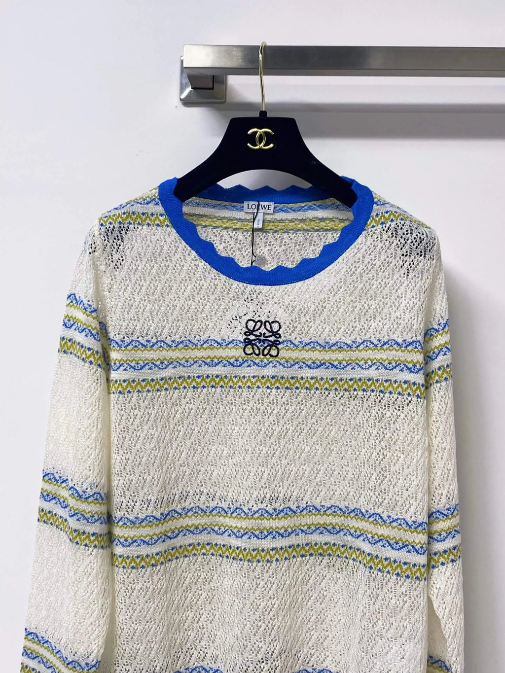 Scallop Neck Striped Hollow Knit Top