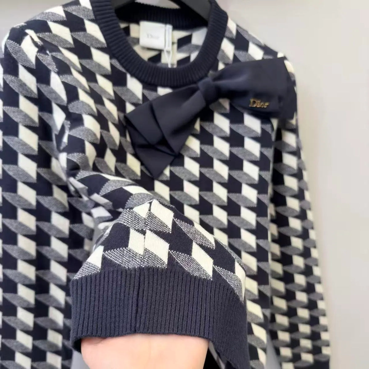 Houndstooth Bow Knit Long Sleeve
