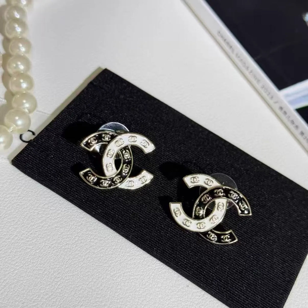 Black and White Enamel CC Earrings