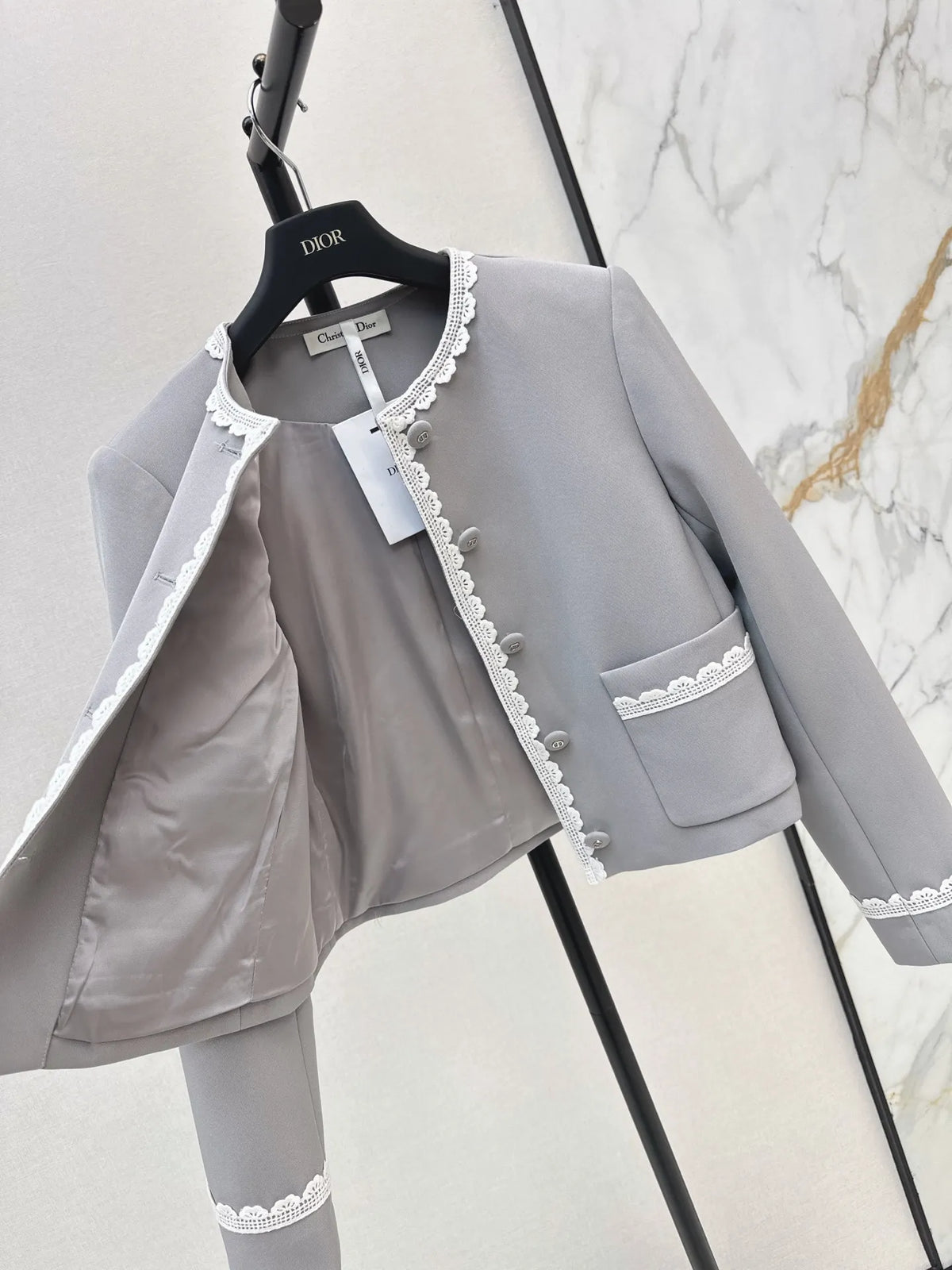 Grey Lace Trim Jacket and Skirt Set