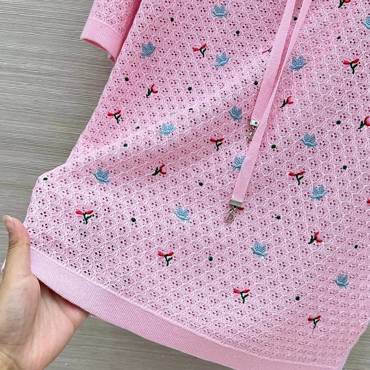 Floral Embroidered Bow Hollow Knit Short Sleeve