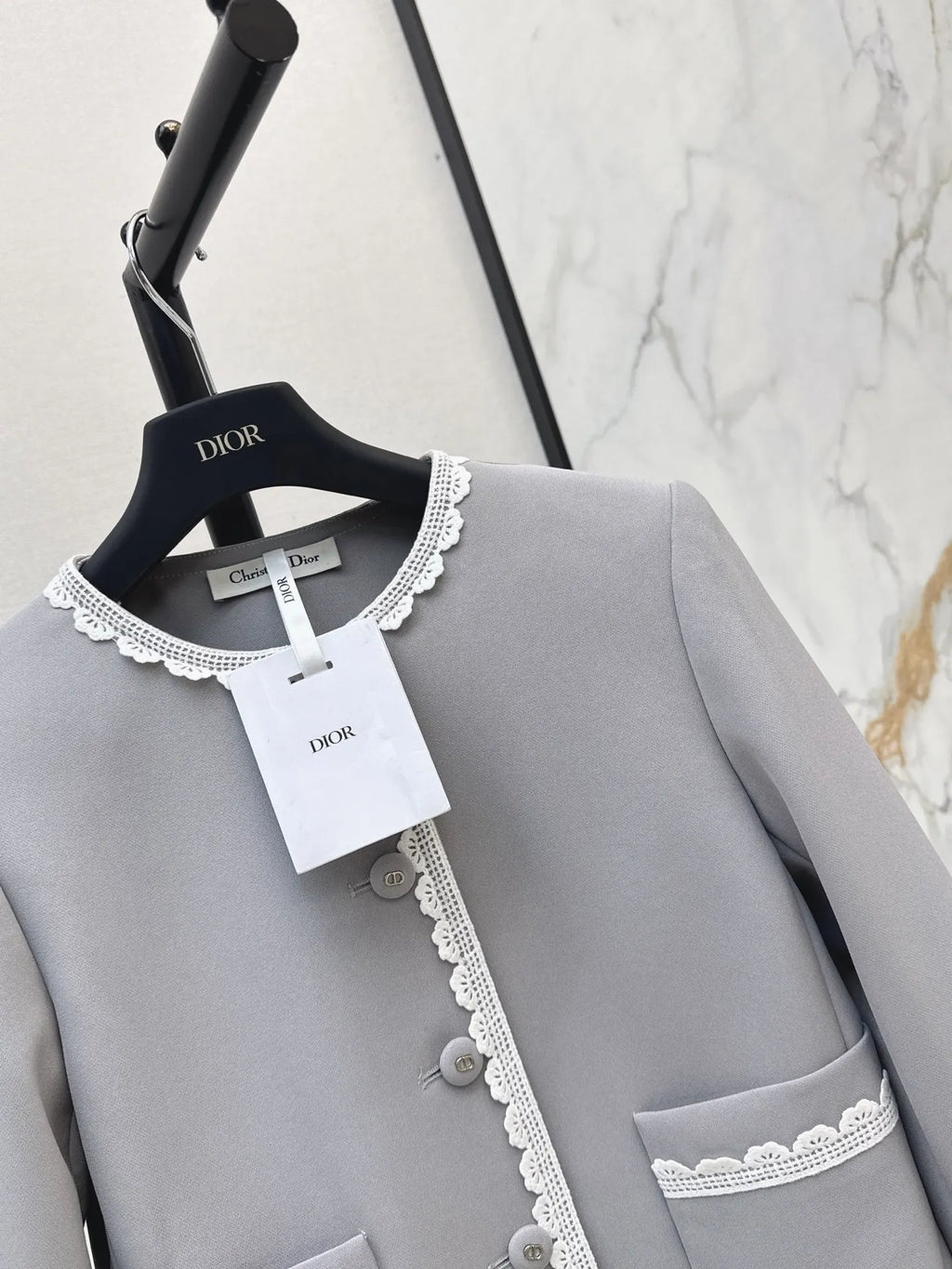 Grey Lace Trim Jacket and Skirt Set