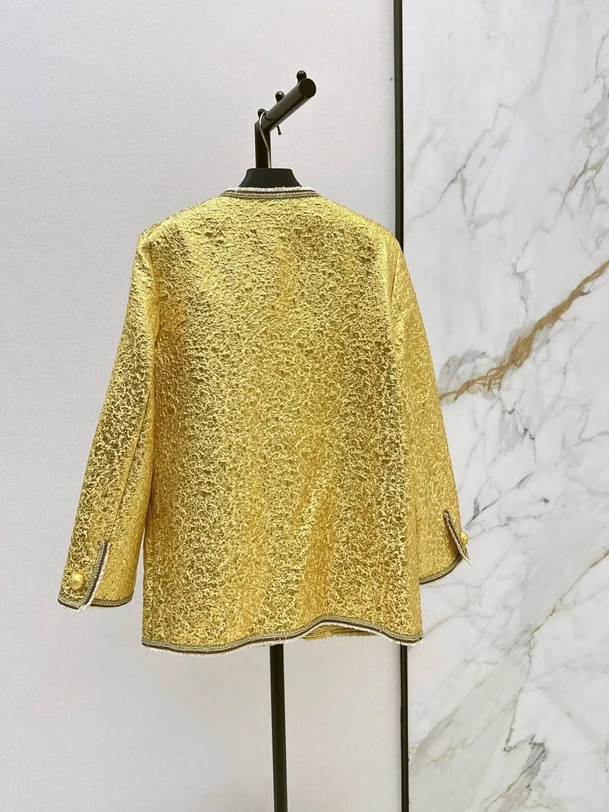 Yellow Textured Round Neck Jacket