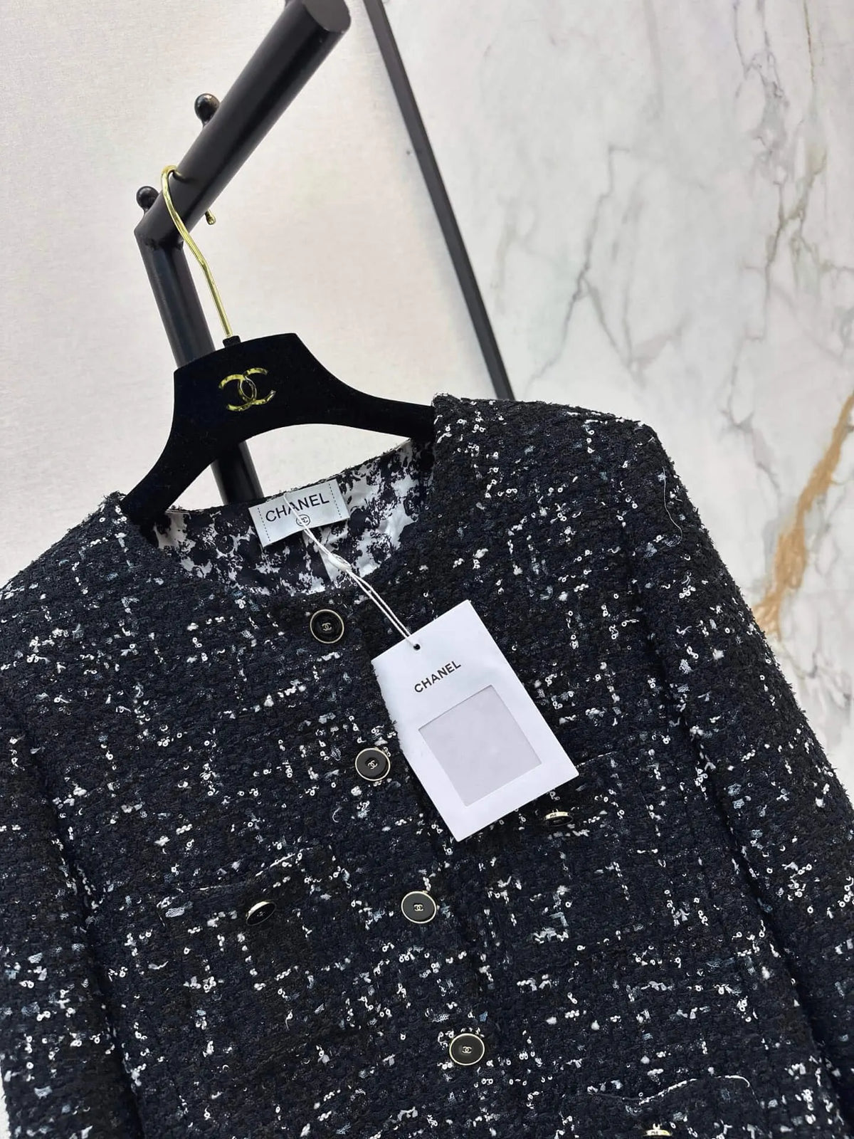 Black Silver Tweed Round Neck Jacket