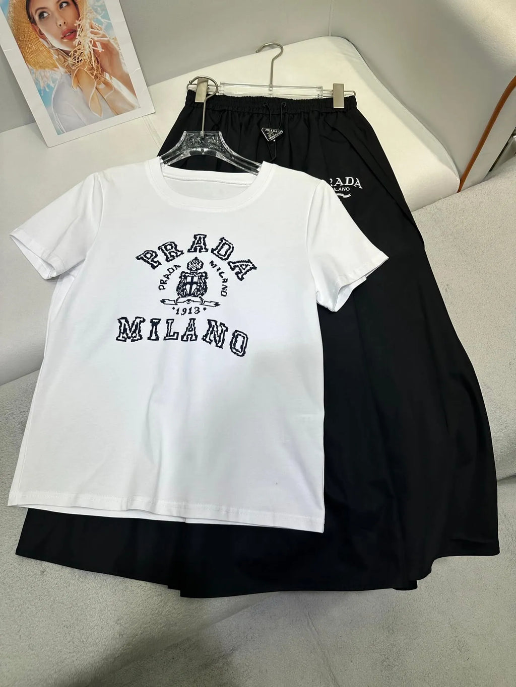 Crest Letter Print Tee Elastic Waist Midi Skirt Set