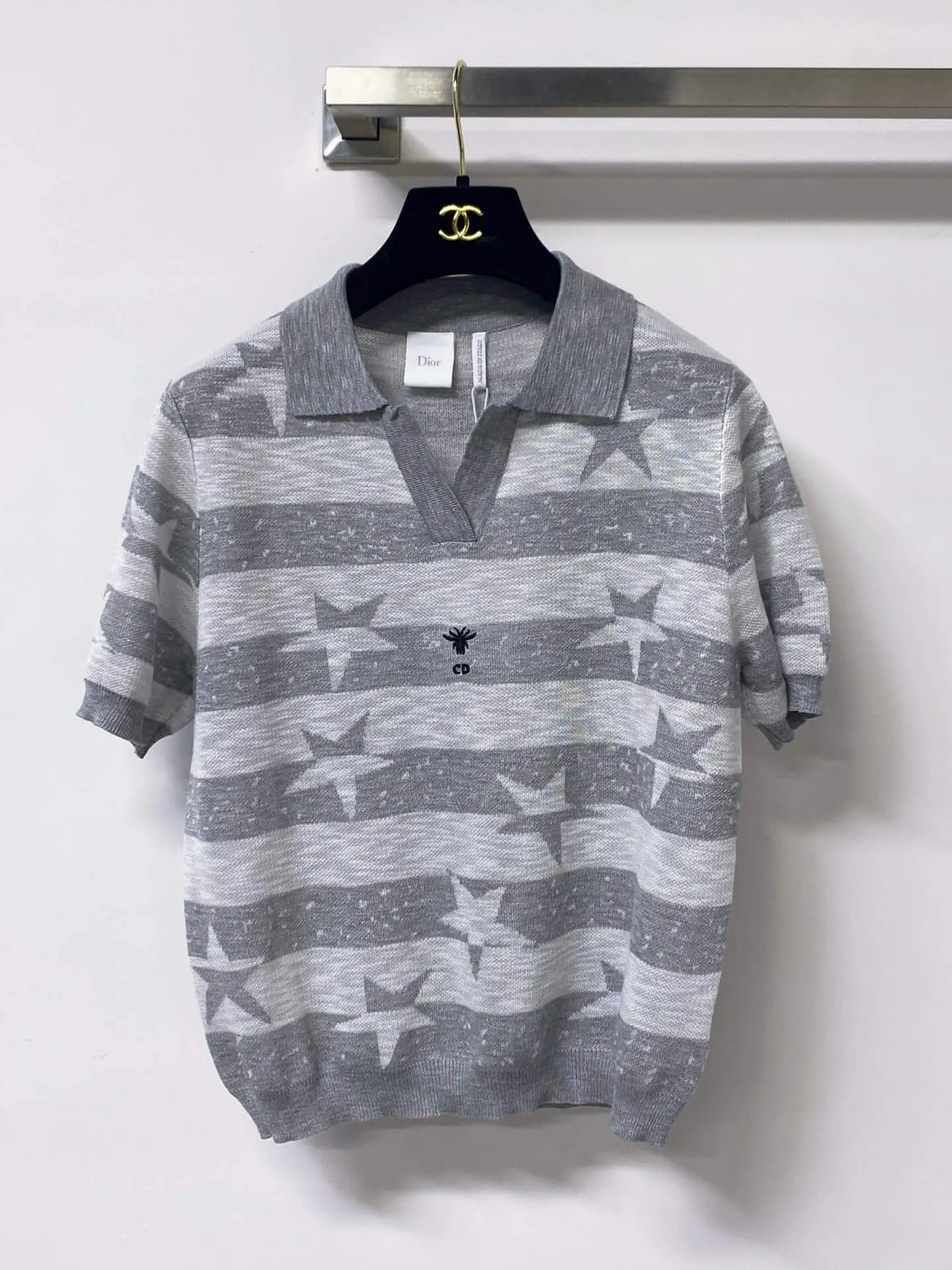 Star Jacquard Striped Knit Polo Top